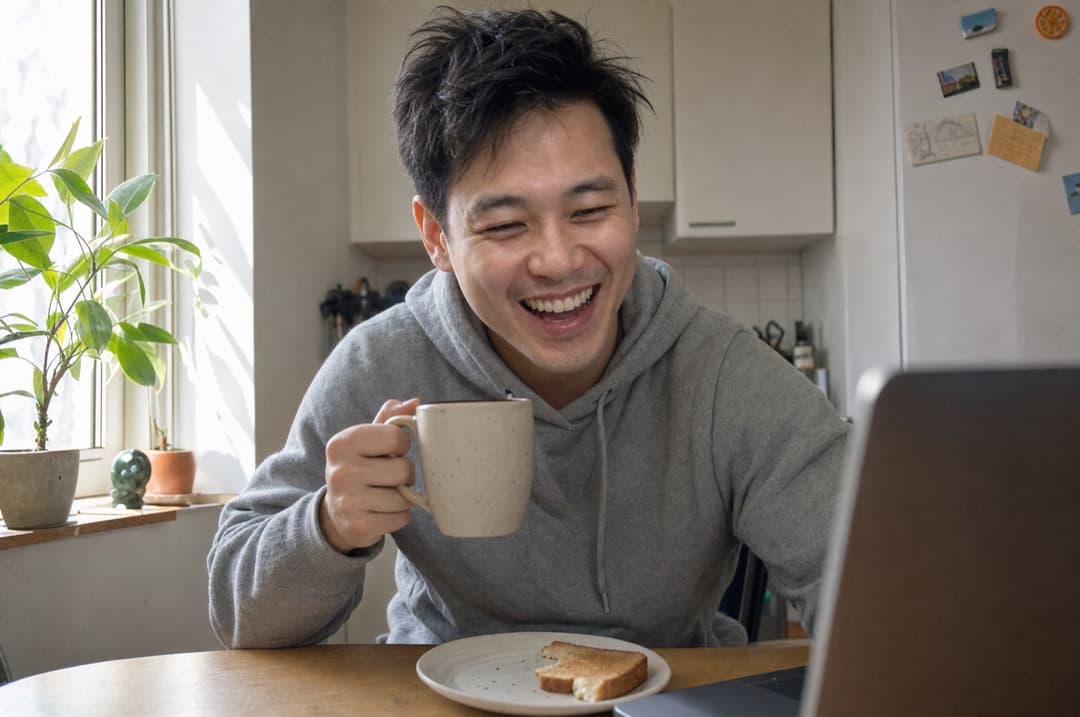 Jun at his kitchen table in the morning, laughing at his laptop