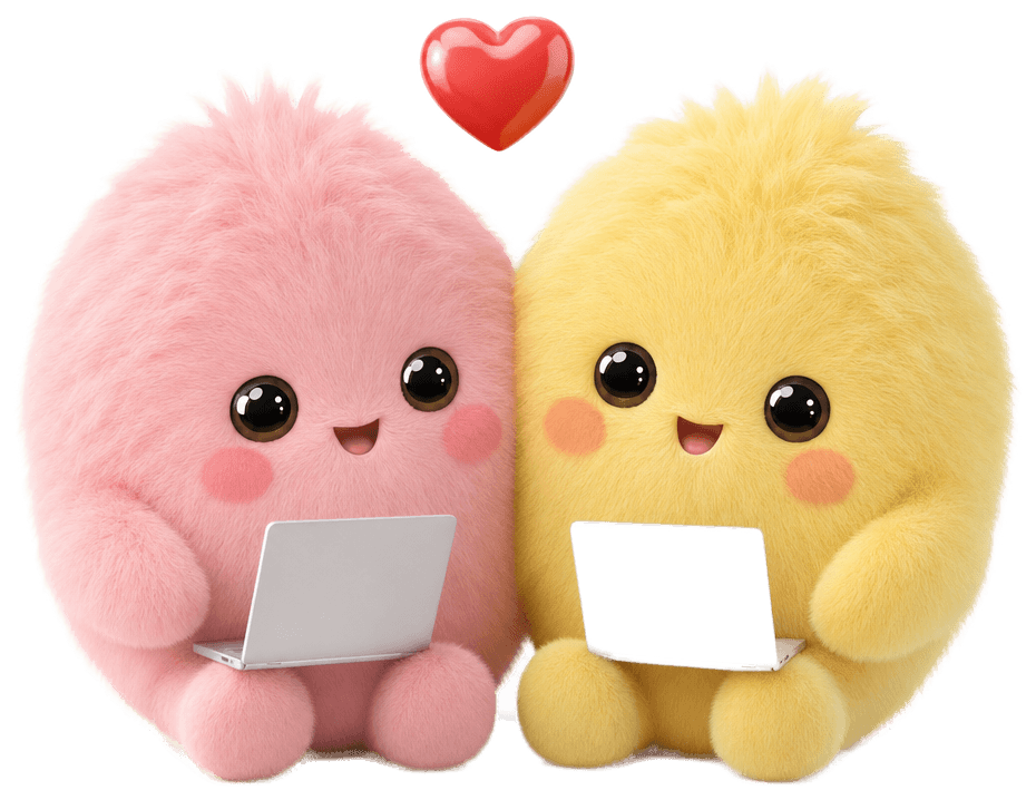 Scoot and a yellow fluffy friend, each with a tiny laptop, laughing together