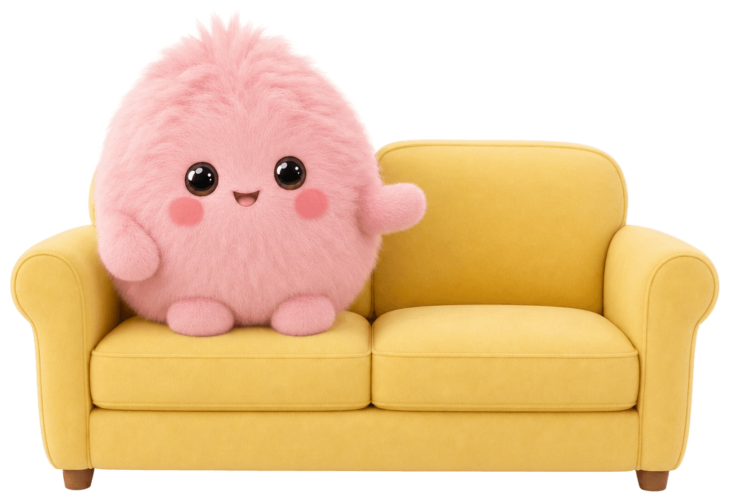 Scoot, a pink fluffy mascot, on a yellow sofa patting the empty seat beside it